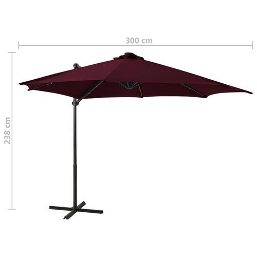 Hængeparasol med stang + LED-lys 300 cm bordeaux