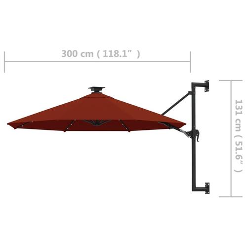 Væghængt parasol m. LED-lys 300 cm terrakotta