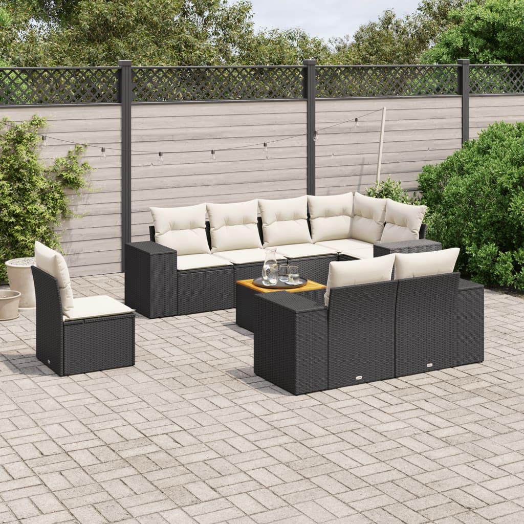 Sofasæt til haven i polyrattan - 9 dele med hynder, sort