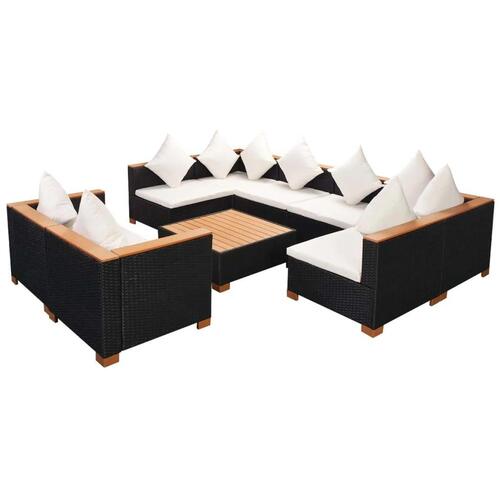 Haveloungesæt 9 dele med hynder polyrattan sort