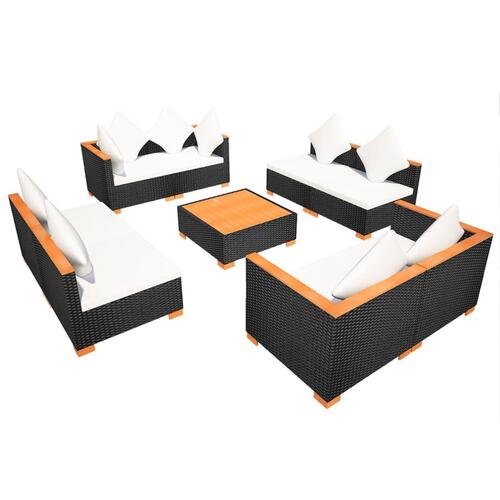 Haveloungesæt 9 dele med hynder polyrattan sort