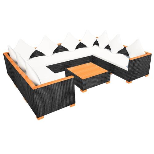 Haveloungesæt 9 dele med hynder polyrattan sort