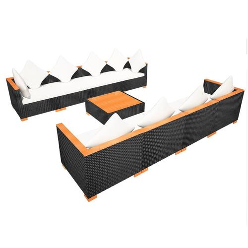 Haveloungesæt 9 dele med hynder polyrattan sort