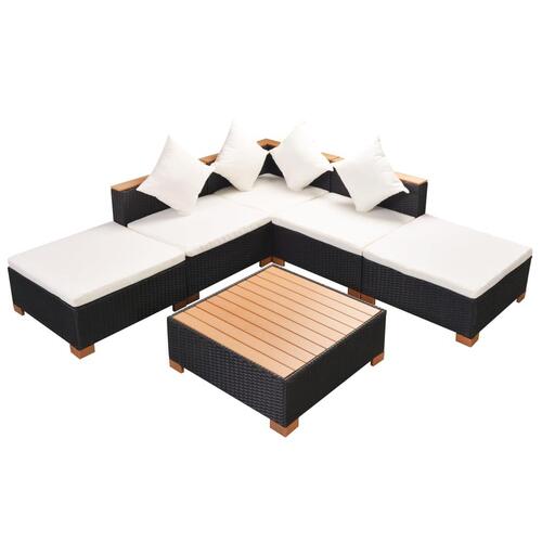 Haveloungesæt 6 dele med hynder polyrattan sort