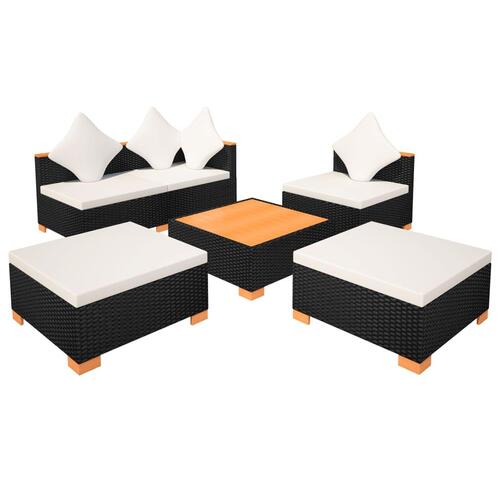 Haveloungesæt 6 dele med hynder polyrattan sort