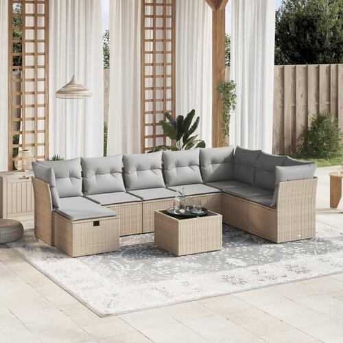Spisebordssæt til haven 9 dele med hynder polyrattan beige