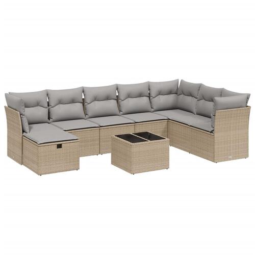 Spisebordssæt til haven 9 dele med hynder polyrattan beige