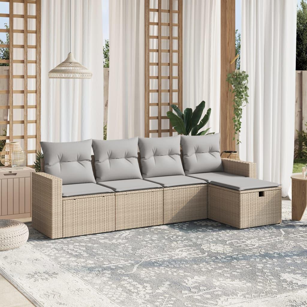 Havesofasæt 5 dele med hynder polyrattan beige