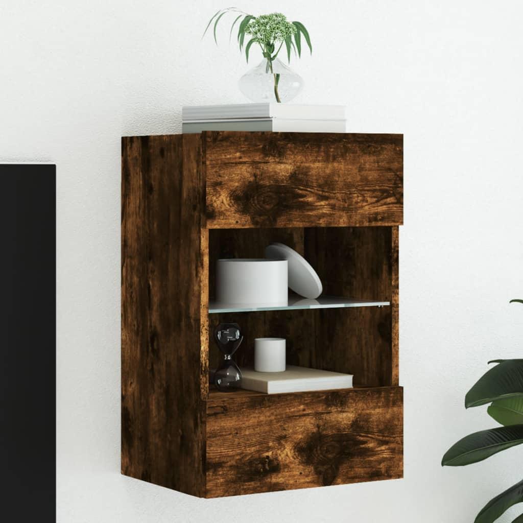 Væghængt tv-bord med LED-lys 40x30x60,5 cm røget egetræsfarve