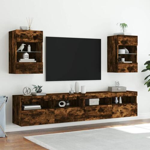 Væghængt tv-bord med LED-lys 40x30x60,5 cm røget egetræsfarve