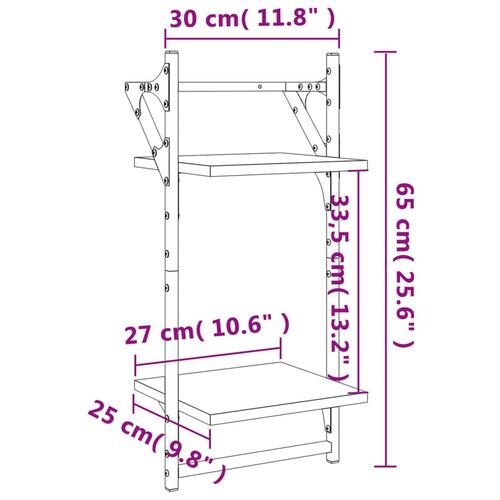 Væghylder 2 stk. med stænger og 2 hylder 30x25x65 cm sonoma-eg