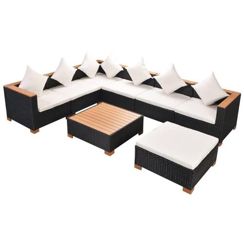 Haveloungesæt 8 dele med hynder polyrattan sort