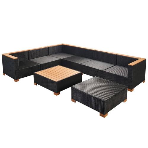 Haveloungesæt 8 dele med hynder polyrattan sort
