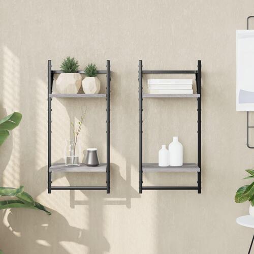 Væghylder 2 stk. m. stænger og 2 hylder 30x25x65 cm grå sonoma