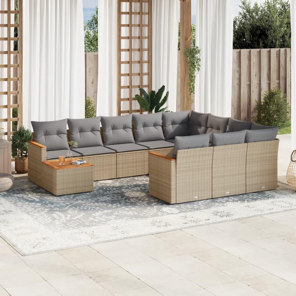 Havesofasæt 11 dele med hynder polyrattan beige