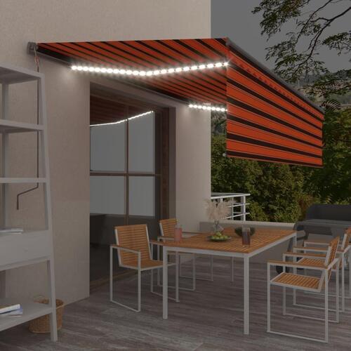 Markise m. gardin + LED 5x3 m manuel betjening orange og brun