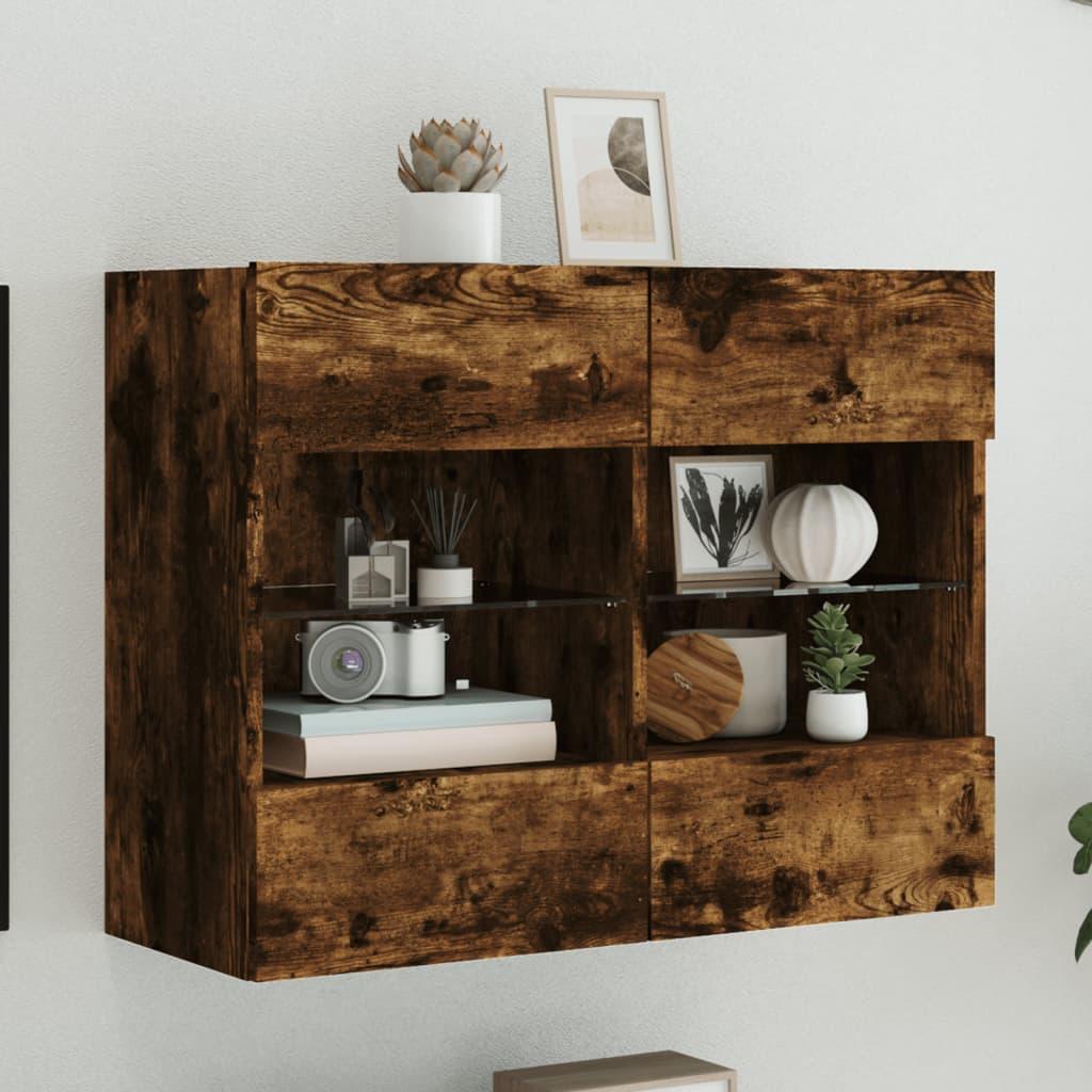 Væghængt tv-bord med LED-lys 78,5x30x60,5 cm røget egetræsfarve