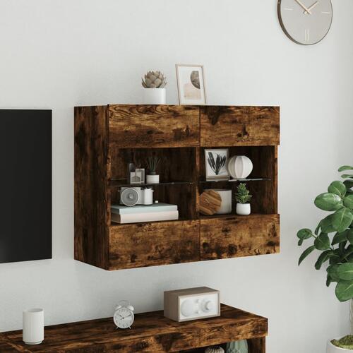 Væghængt tv-bord med LED-lys 78,5x30x60,5 cm røget egetræsfarve