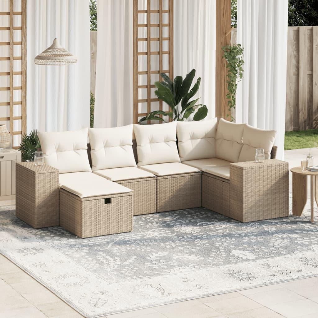 Havesofasæt 6 dele med hynder i polyrattan - beige