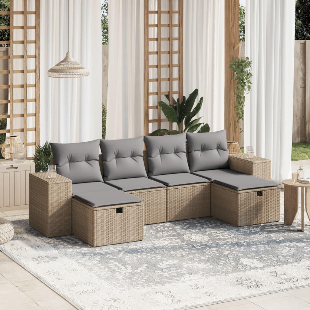 Havesofasæt 6 dele med hynder polyrattan beige