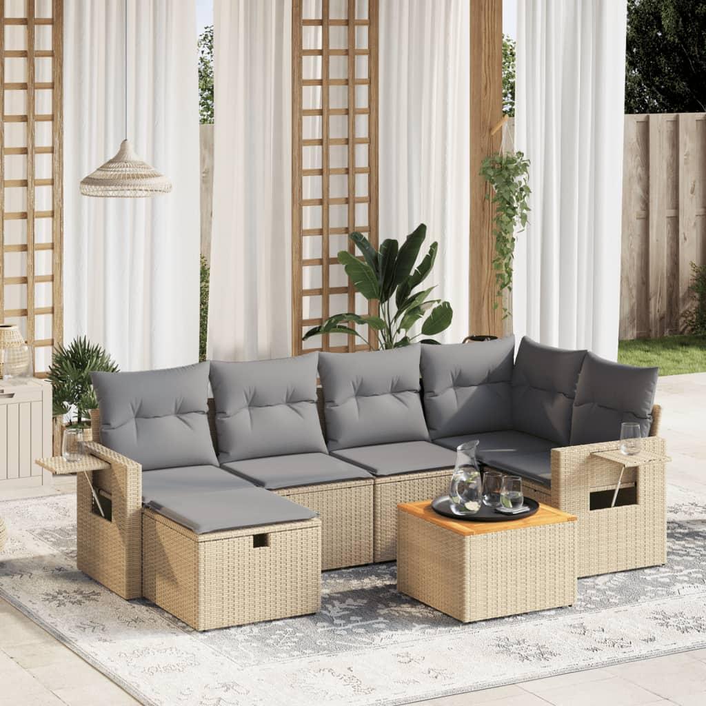 Havesofasæt 7 dele med hynder polyrattan beige