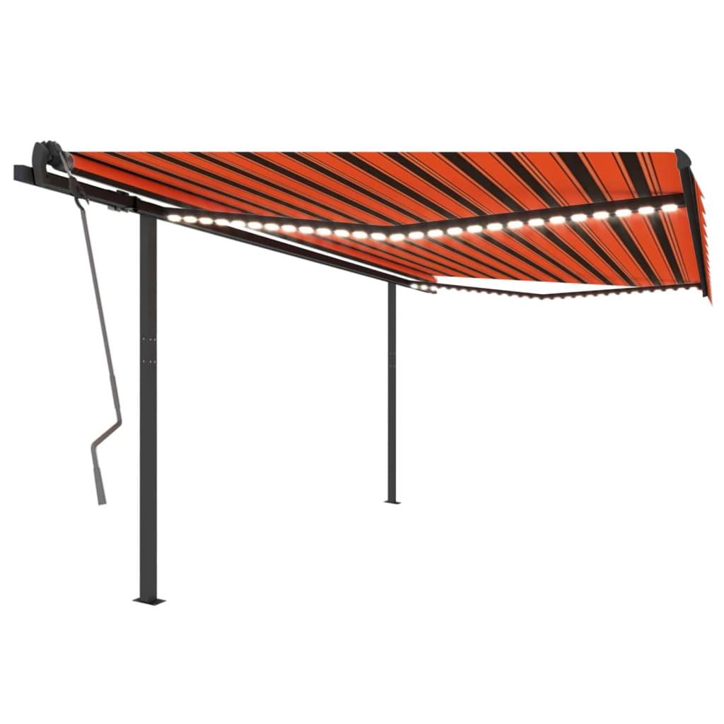 Markise med LED-lys 4x3,5 m manuel betjening orange og brun