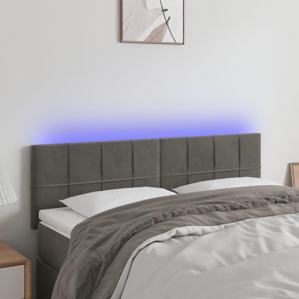 Sengegavl med LED-lys 144x5x78/88 cm fløjl mørkegrå billede