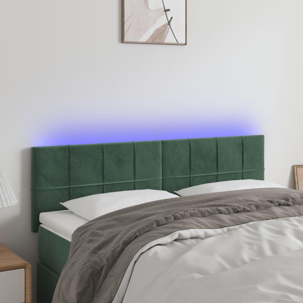 Sengegavl med LED-lys 144x5x78/88 cm fløjl mørkegrøn billede