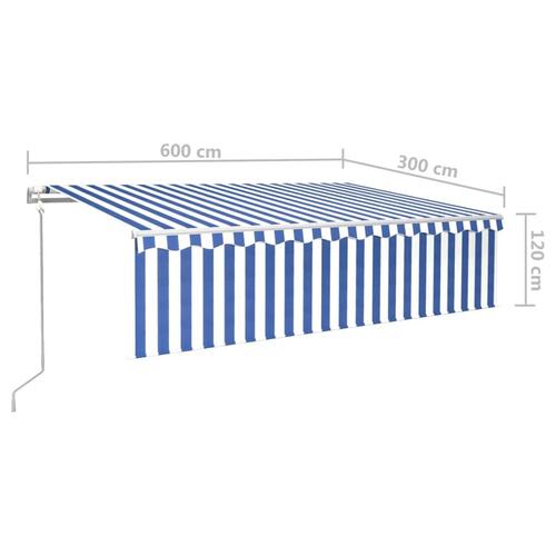 Markise m. rullegardin + LED + vindsensor 6x3 m auto blå/hvid