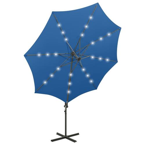 Hængeparasol med stang og LED-lys 300 cm azurblå