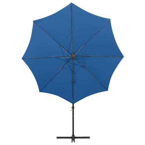 Hængeparasol med stang og LED-lys 300 cm azurblå