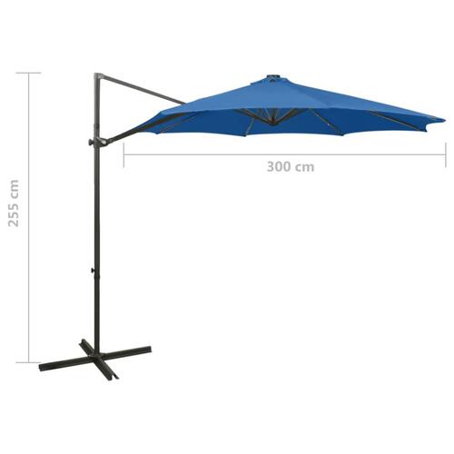 Hængeparasol med stang og LED-lys 300 cm azurblå