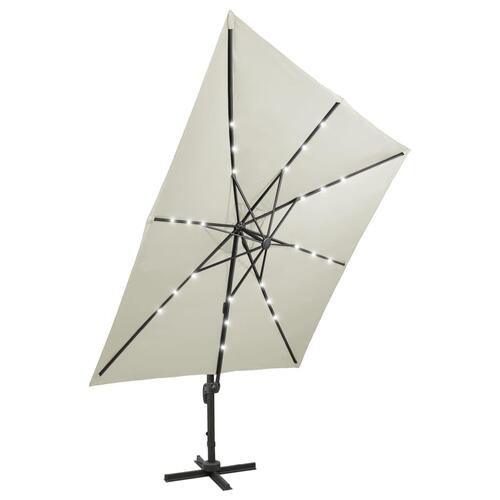Hængeparasol med stang og LED-lys 300 cm sandfarvet