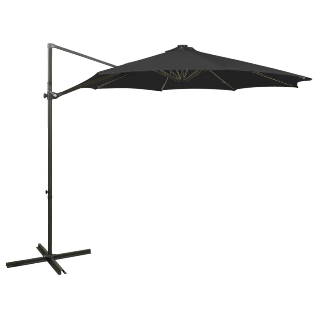 Hængeparasol med stang og LED-lys 300 cm sort
