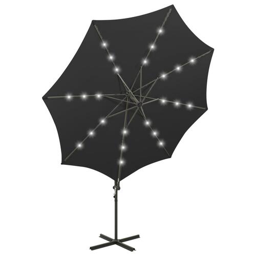 Hængeparasol med stang + LED-lys 300 cm sort