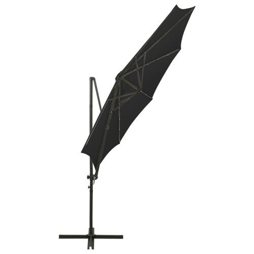 Hængeparasol med stang + LED-lys 300 cm sort