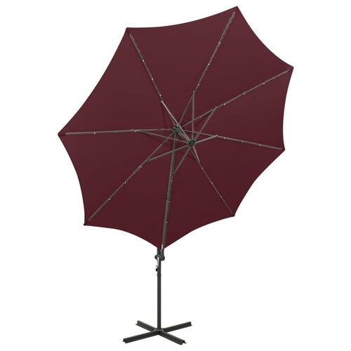 Hængeparasol med stang + LED-lys 300 cm bordeaux