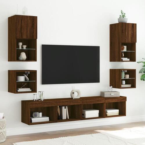 Væghængte tv-borde 2 stk. med LED-lys 30x28,5x30 cm brunt eg