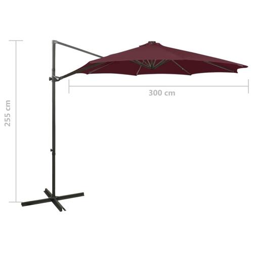 Hængeparasol med stang + LED-lys 300 cm bordeaux