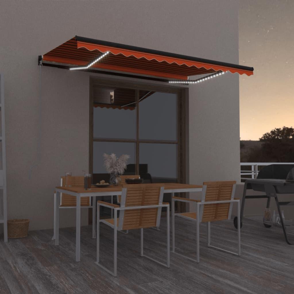 Markise m. LED-lys 450x350 cm manuel betjening orange og brun