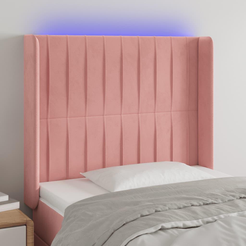 Sengegavl med LED-lys 83x16x118/128 cm fløjl lyserød billede