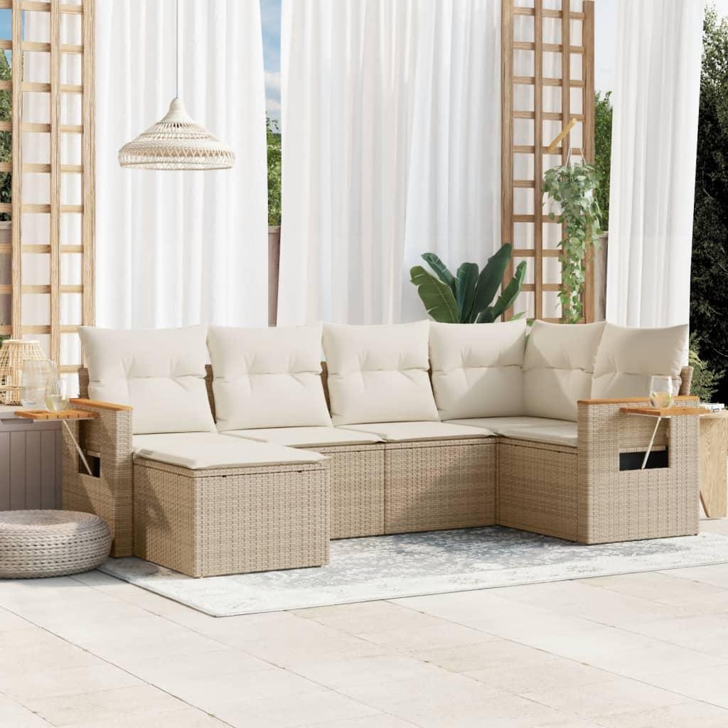 Sofasæt Til Haven 6 Dele Med Hynder Polyrattan Sort - beige og cremefarvet / Uden bord
