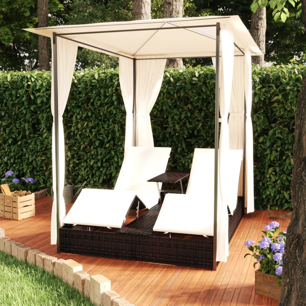 Dobbelt solseng med gardiner polyrattan brun