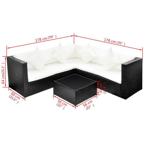 Haveloungesæt 4 dele med hynder polyrattan sort
