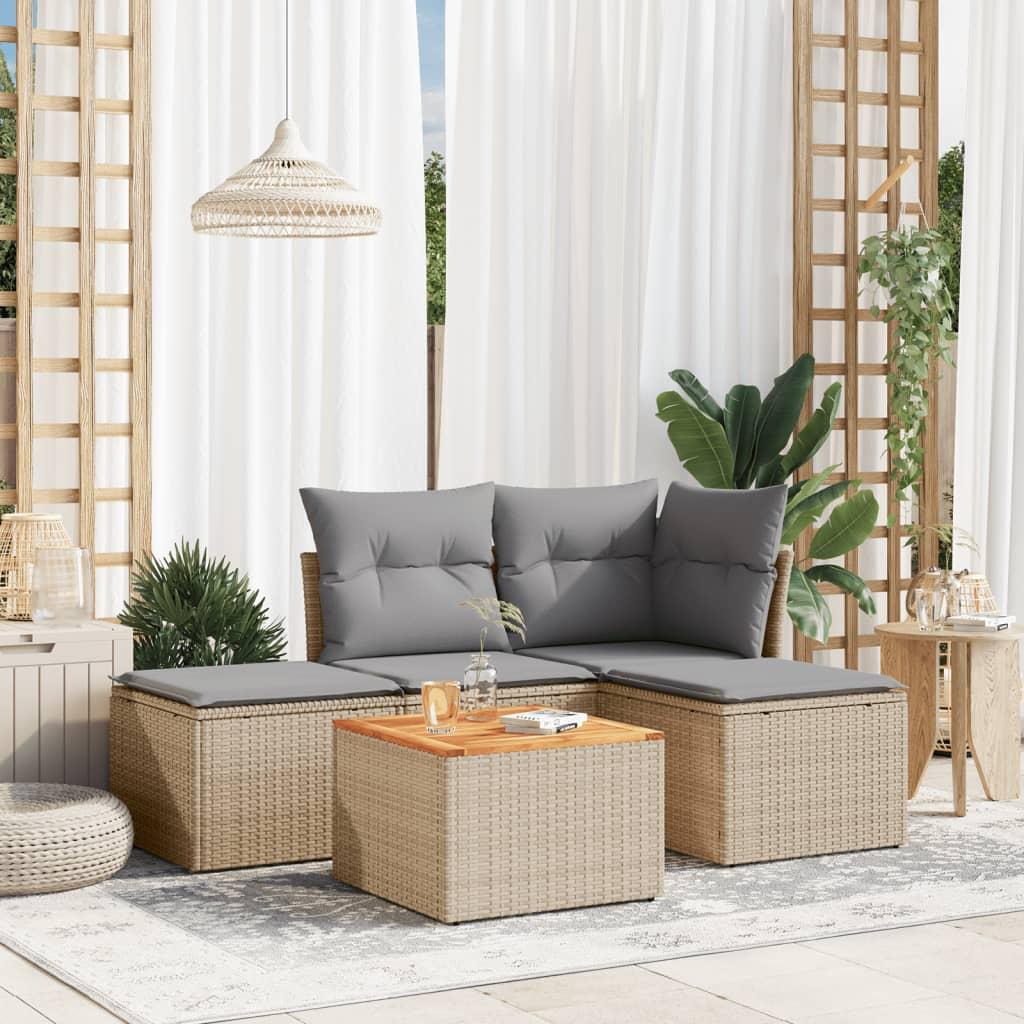 Havesofasæt 5 dele med hynder polyrattan beige