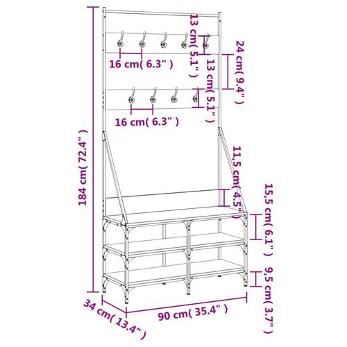 Tøjstativ med skoopbevaring 90x34x184 cm røget egetræsfarve