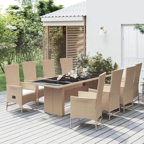 Spisebordssæt til haven 9 dele med hynder polyrattan beige
