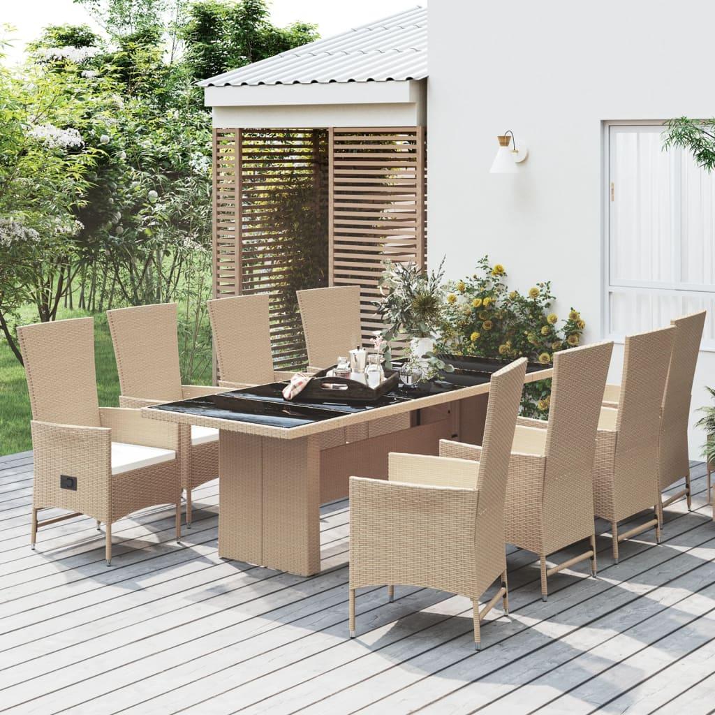 Spisebordssæt til haven 9 dele med hynder polyrattan beige