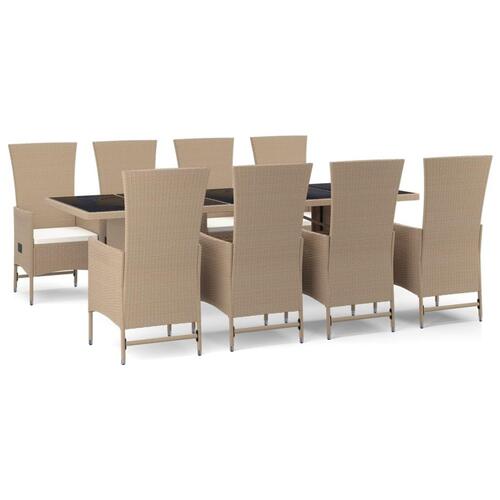 Spisebordssæt til haven 9 dele med hynder polyrattan beige