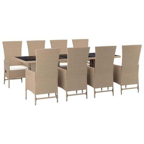 Spisebordssæt til haven 9 dele med hynder polyrattan beige